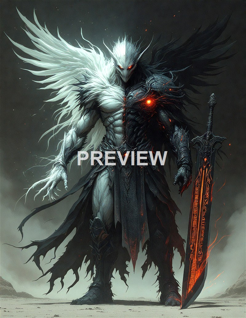 A towering, menacing figure with a split appearance of white and black, wielding a glowing red sword, standing on a barren landscape under a dark sky.